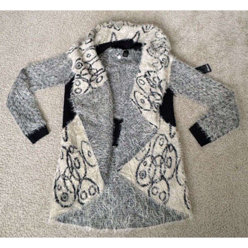 BKE Boutique Fuzzy Knit Cardigan Sweater Fringe Trim Open Front Small NWT
